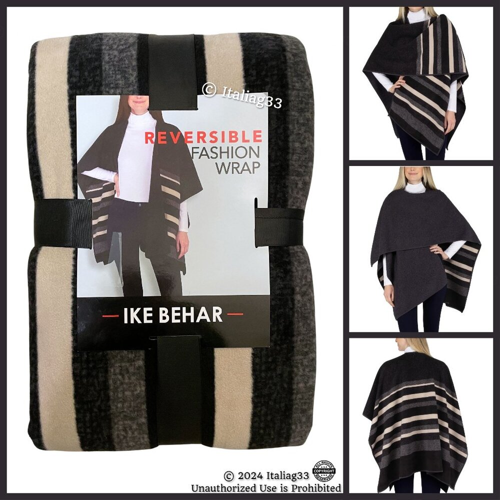 Ike Behar REVERSIBLE Fashion Wrap Shawl in Cream Gray & Black Stripe & Solid NEW